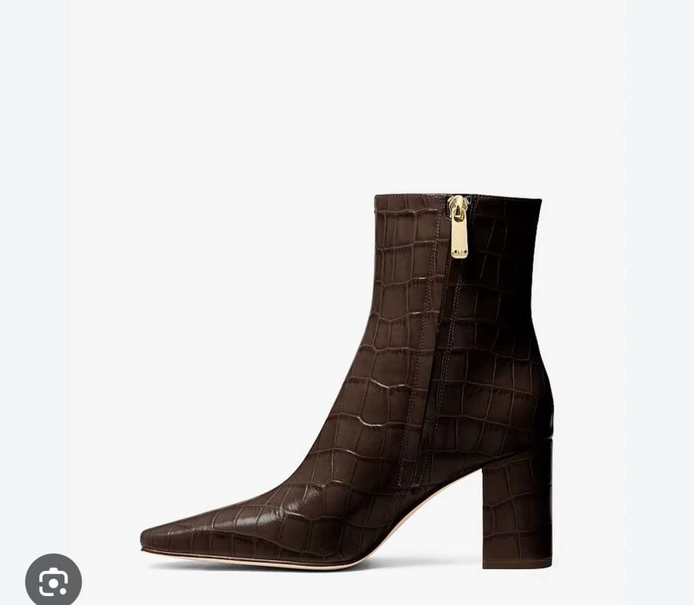 Michael Kors Elise Brown Croc Embossed Leather Booties With Gold Zipper size 8